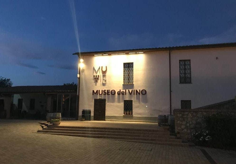 Exterior of "Museo del Vino" building at dusk with light illuminating the entrance and sign, flanked by wooden wine barrels.