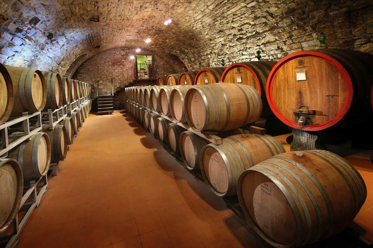 Chianti Region: Day Trip from Florence + Wine Estate Visit A stone-walled cellar filled with large wooden wine barrels, some with red rims, and a staircase leading up in the background.