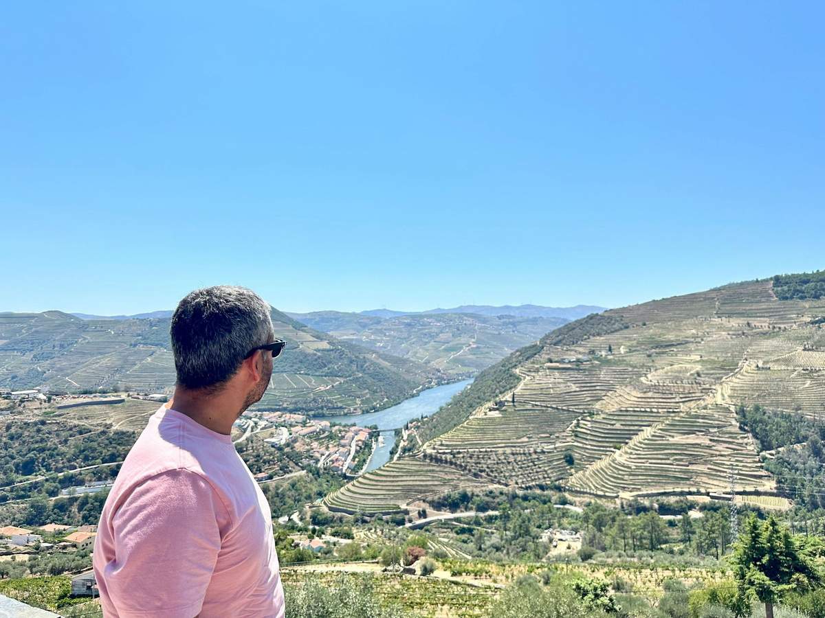 Douro Valley: Day Trip + Wine, Cheese, & Olive Oil Tasting from Porto A man in sunglasses and a pink shirt stands overlooking terraced vineyards and a river under a clear blue sky.