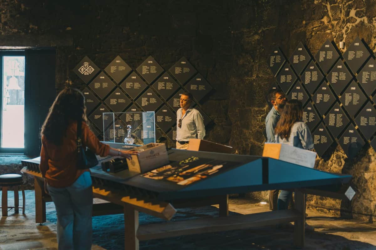 WOW Porto Museums & Fonseca Port Wine Cellars: Entry Ticket + Tastings People observing displays and information panels in a dimly lit exhibition space with historical exhibits.