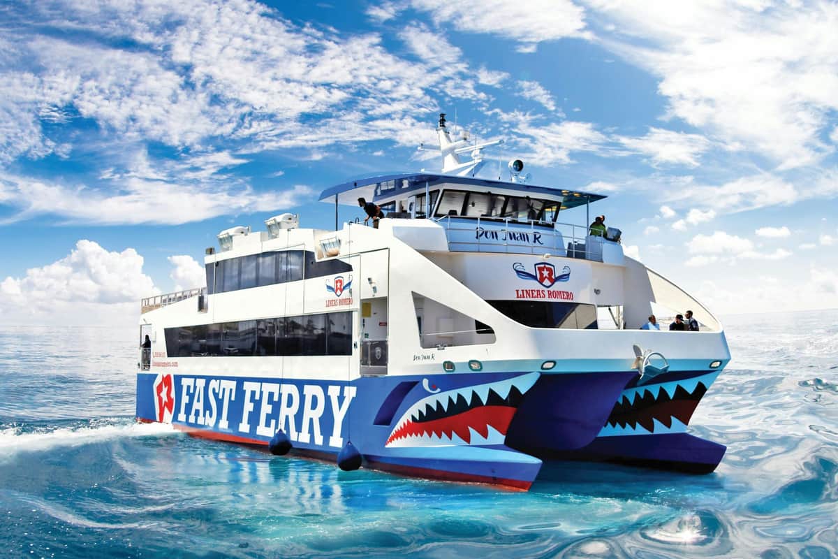 A white ferry with "FAST FERRY" and shark mouth designs on the hull on a clear, sunny day.
