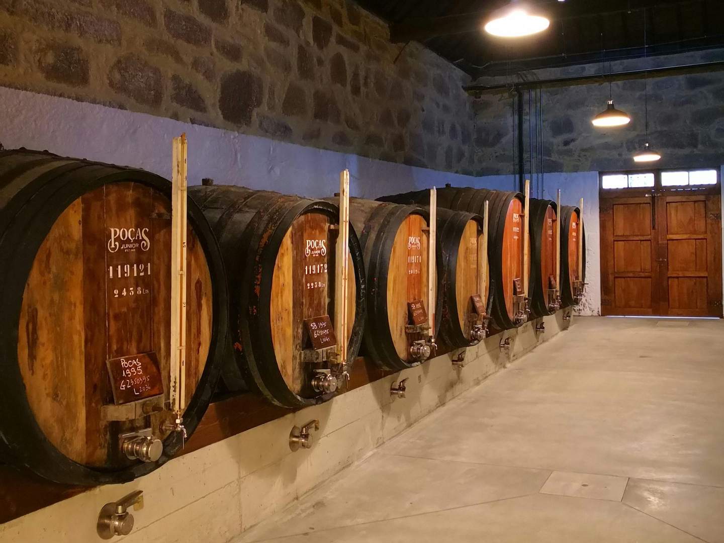 A stone-walled cellar with large wooden barrels lined up on one side and a wooden door at the end.